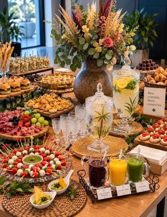 Mesa completa de buffet com sucos naturais e dispensers de água aromatizada