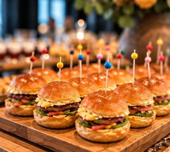 Mini burgers artesanais com espeto colorido servidos em tábua de madeira