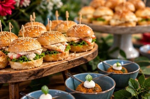 Mini burgers de frango com palito decorativo em tábua de madeira