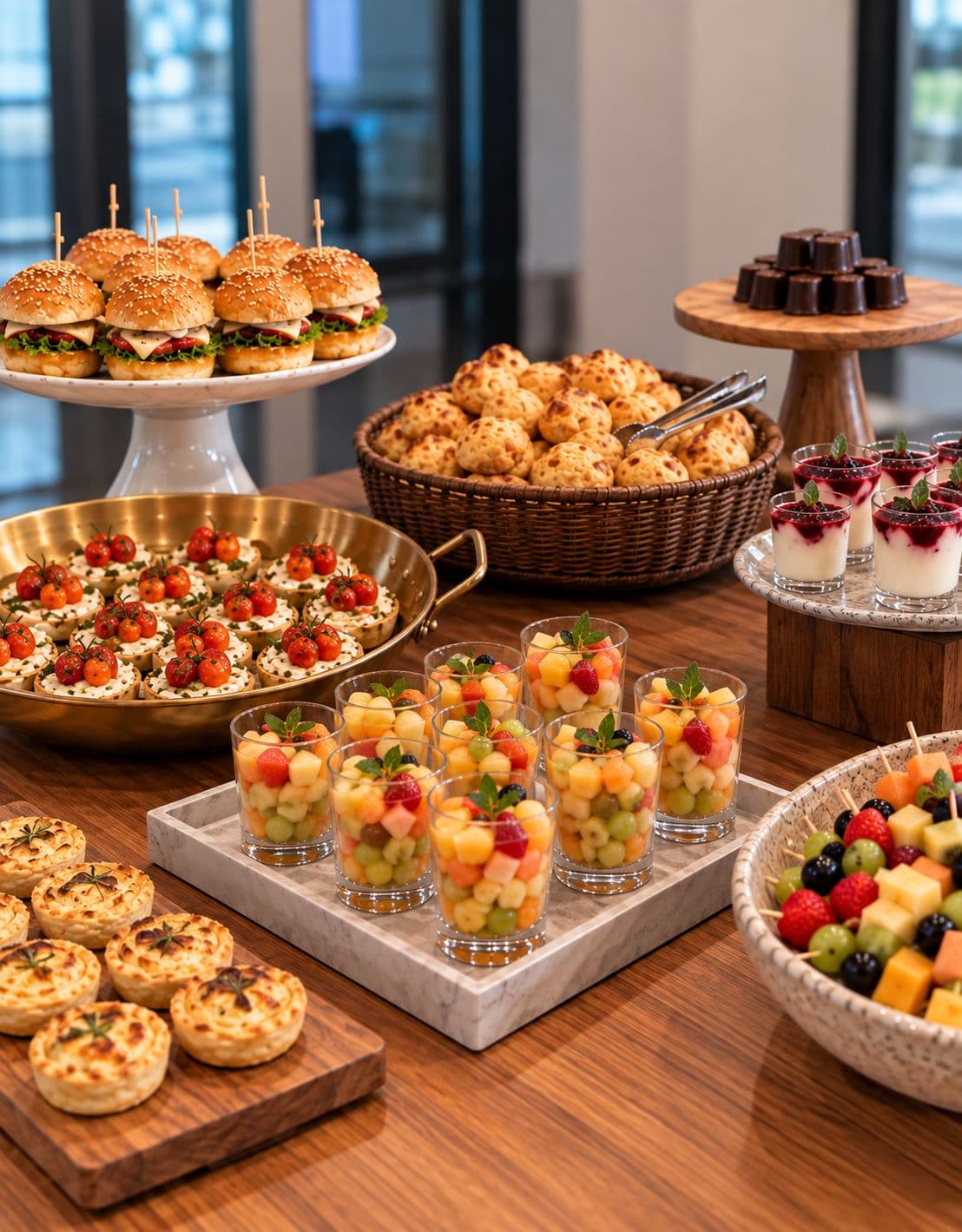 Mini burgers, tortinhas de tomate e copinhos de frutas frescas servidos em mesa de evento